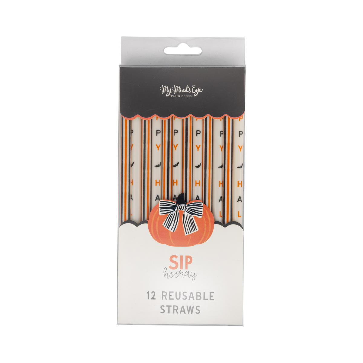 Pack of Happy Halloween reusable straws with Halloween design on a front view.