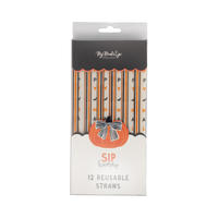 Pack of Happy Halloween reusable straws with Halloween design on a front view.