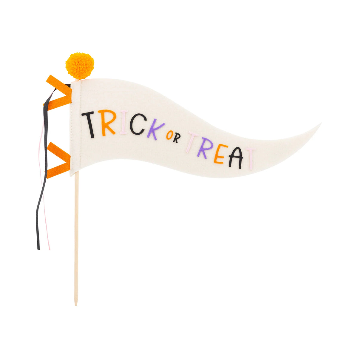 Isolated product shot of curved felt halloween pennant on wooden dowel, featuring stitched multicolor Trick or Treat text, orange pom, and ribbon streamers.