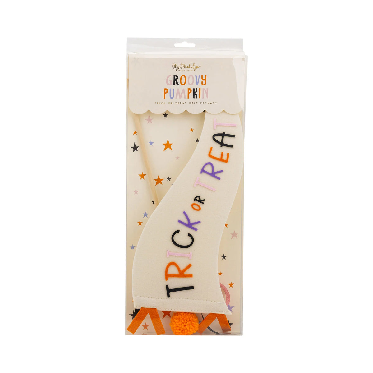 Front retail box of Groovy Pumpkin felt halloween pennant displays curved cream flag with colorful stitched Trick or Treat letters and orange pom accent.