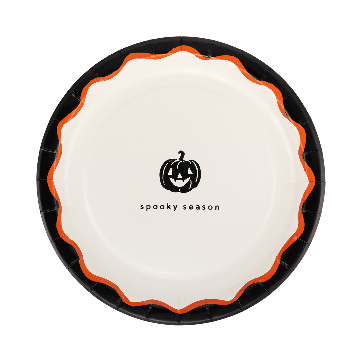 Cream Halloween plate with a black pumpkin icon and "spooky season" text, black rim and orange scalloped edge.