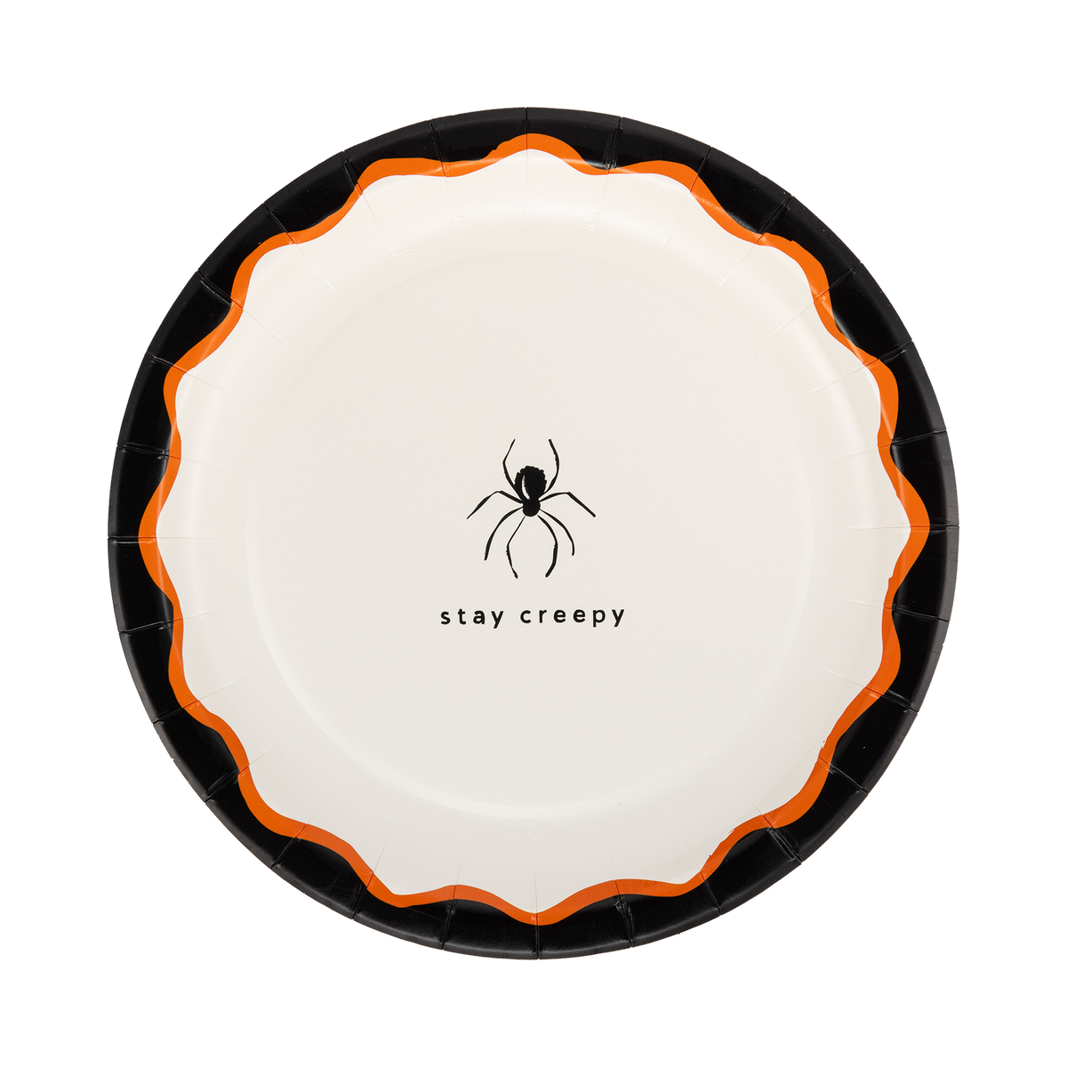 Cream Halloween plate with a black spider icon and "stay creepy" text, black rim and orange scalloped edge.