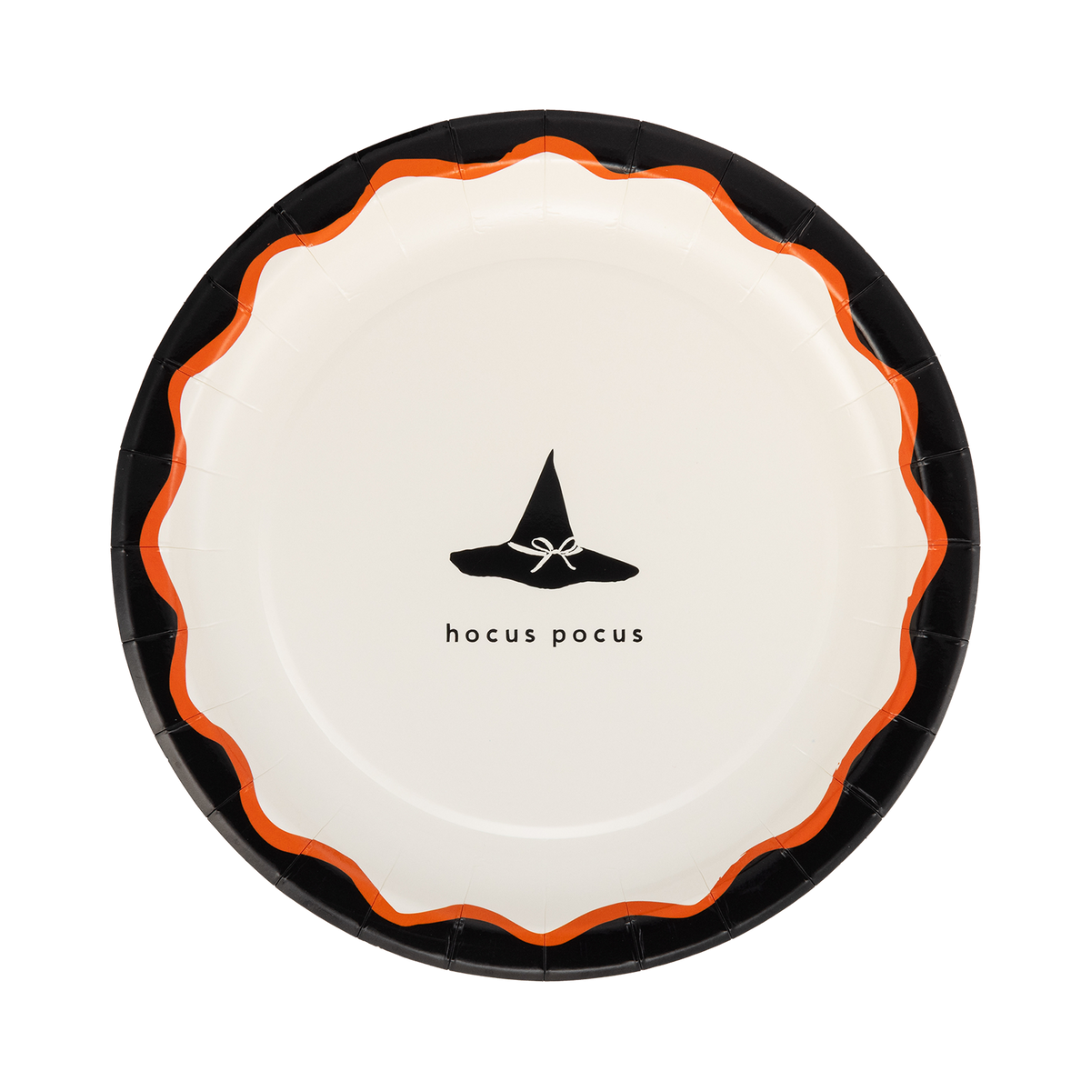 Cream Halloween plate with a black witch hat icon and "hocus pocus" text, black rim and orange scalloped edge.