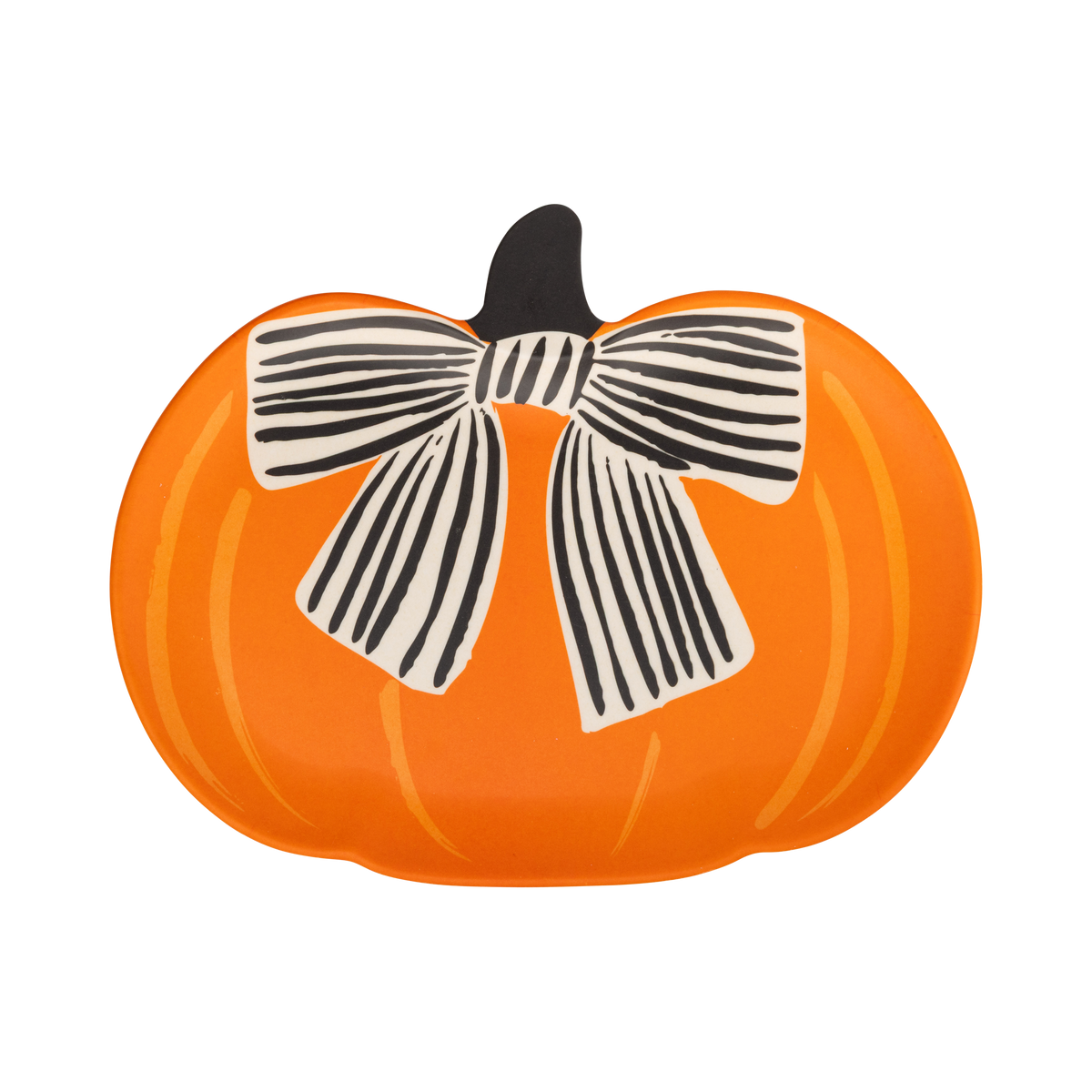 Halloween pumpkin bamboo serving plates with orange, black, and cream bow design on a white background.