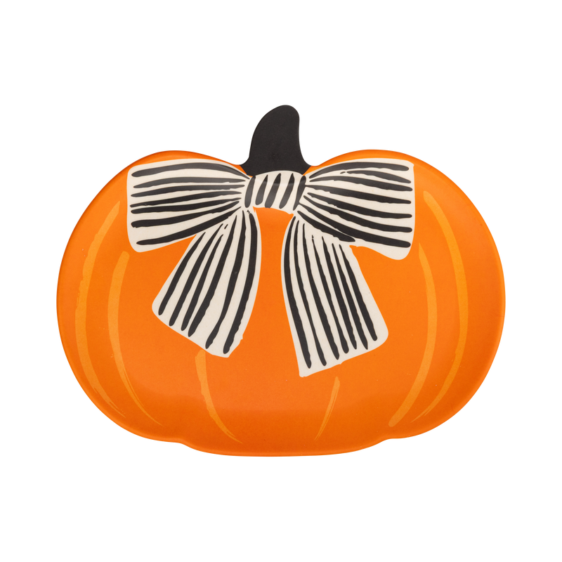 Halloween pumpkin bamboo serving plates with orange, black, and cream bow design on a white background.