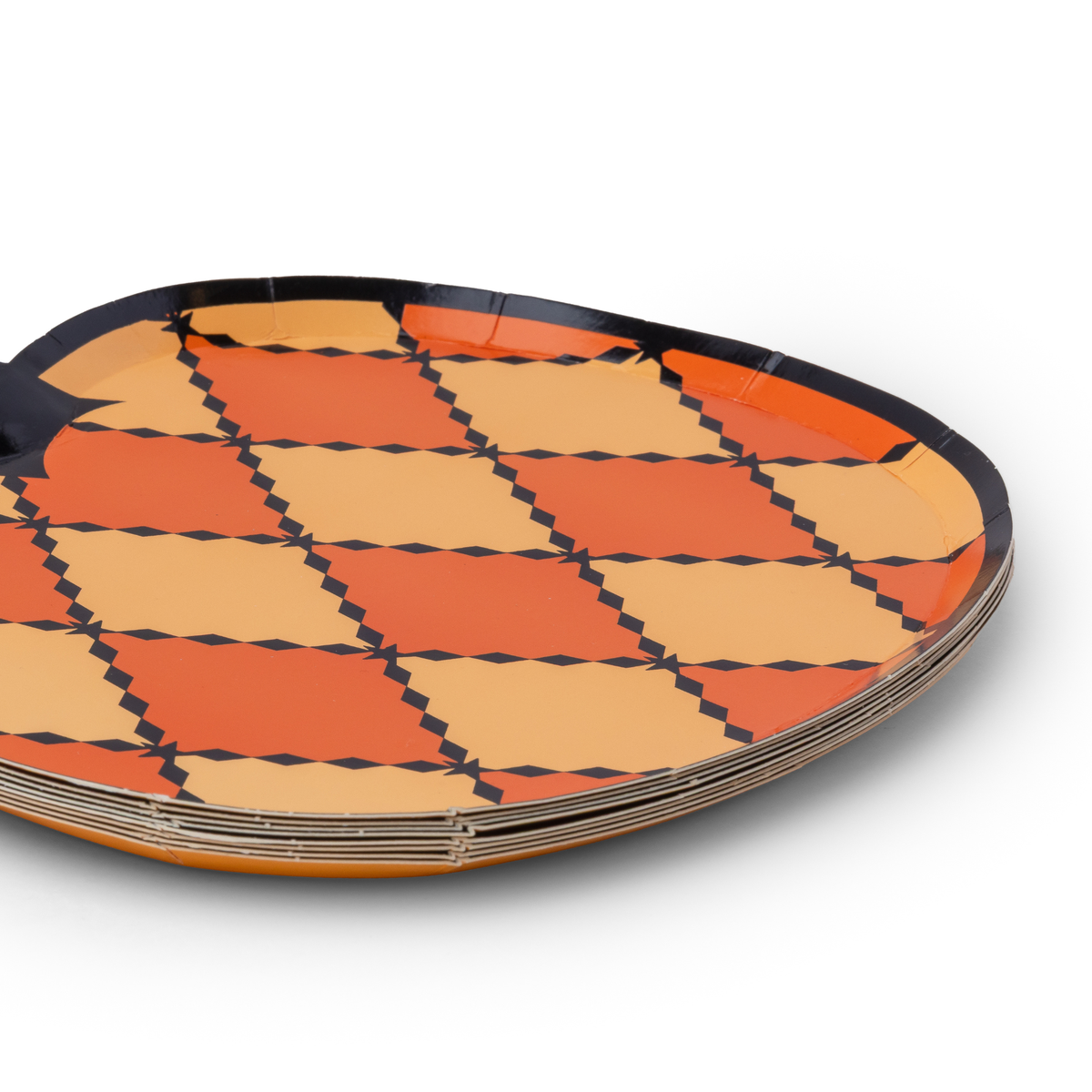 Stack of 8 die-cut harlequin pumpkin paper plates showing the black rim and pumpkin shape