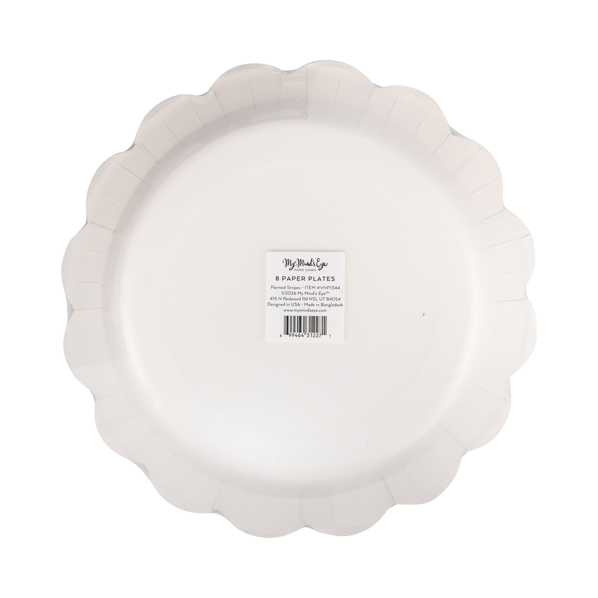 Back view of scalloped Halloween paper plate showing plate shape and packaging label