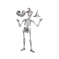 Large paper skeleton with gold brads posed in dancing positions, full-length view.