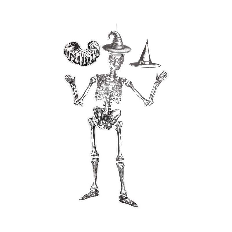 Large paper skeleton with gold brads posed in dancing positions, full-length view.