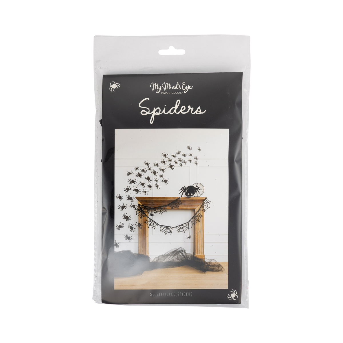 Packaging of 'My Mind's Eye Spiders' with a spider web and spider design.