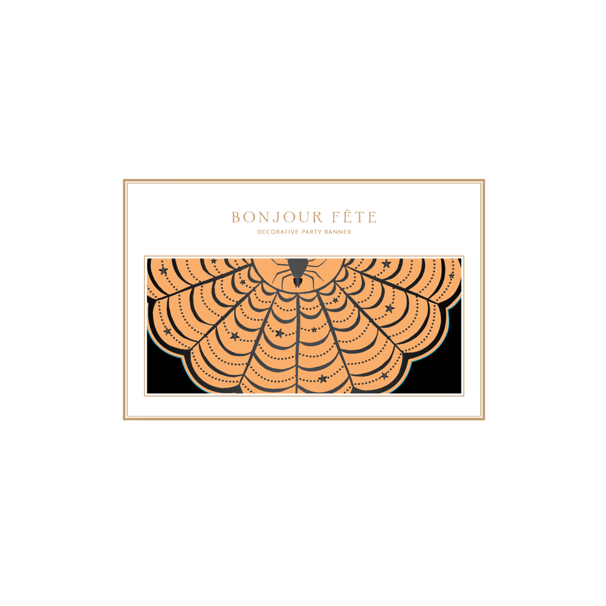 Close view of a die-cut spider web banner piece in marigold with black web lines, stars and a spider