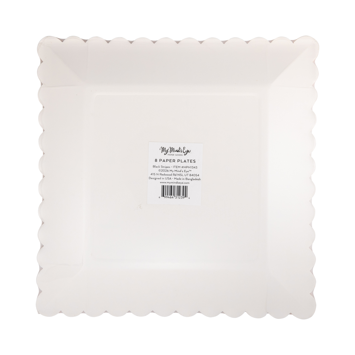 Back of the square paper plate showing the plain cream scalloped shape and packaging label.