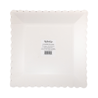 Back of the square paper plate showing the plain cream scalloped shape and packaging label.