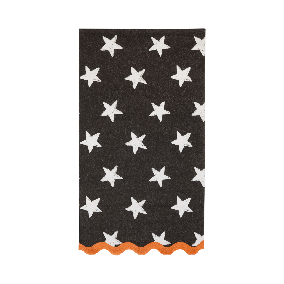 Black Halloween paper guest towel with white stars and an orange scalloped edge, shown folded on white