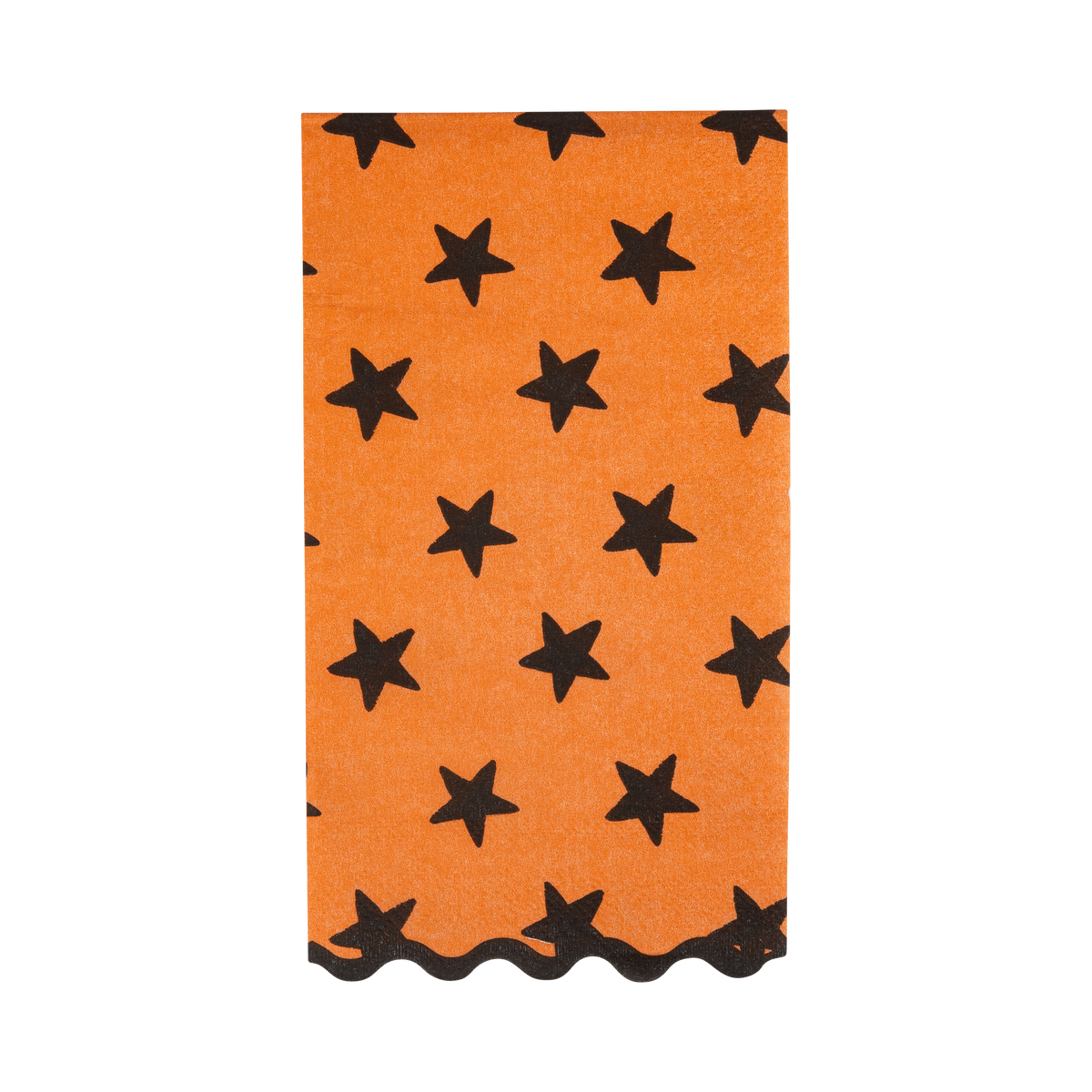 Orange Halloween paper guest towel with black stars and a black scalloped edge, shown folded on white