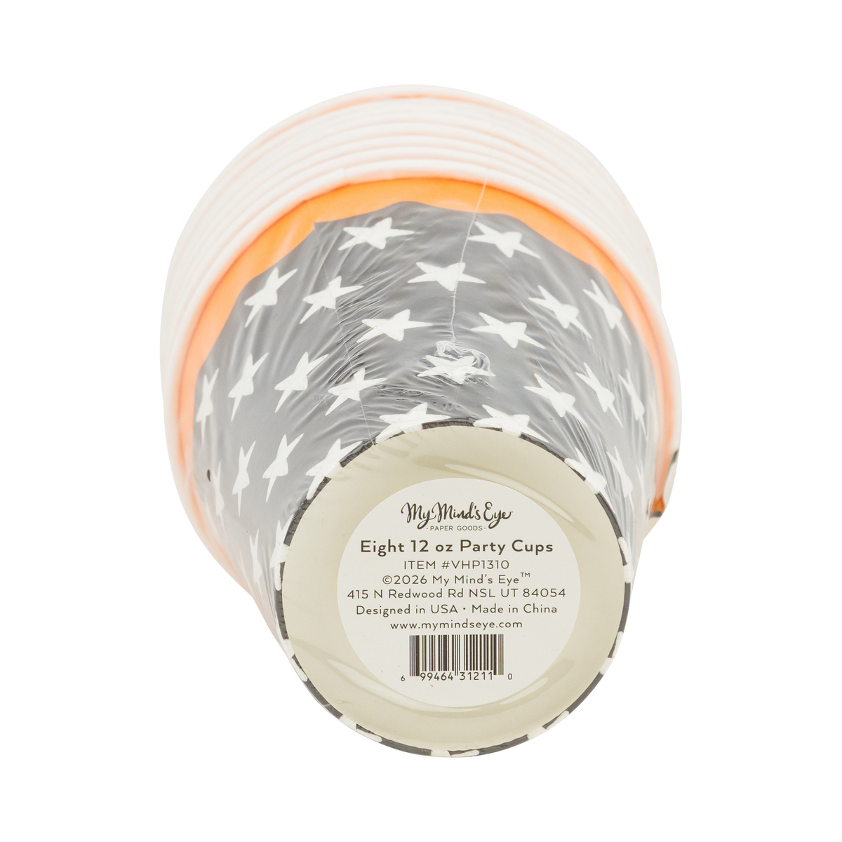 Stack of party cups with star pattern and visible brand label on a clear packaging, bottom view.