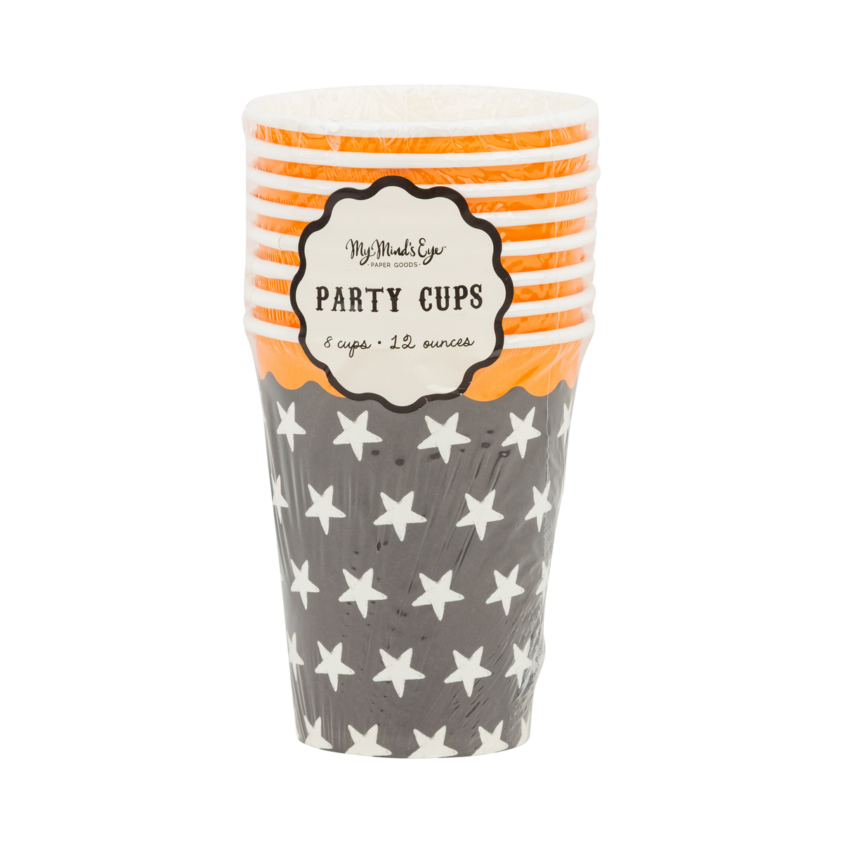 Party cups with orange and white striped design and star pattern on clear packaging, front view.