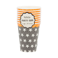 Party cups with orange and white striped design and star pattern on clear packaging, front view.