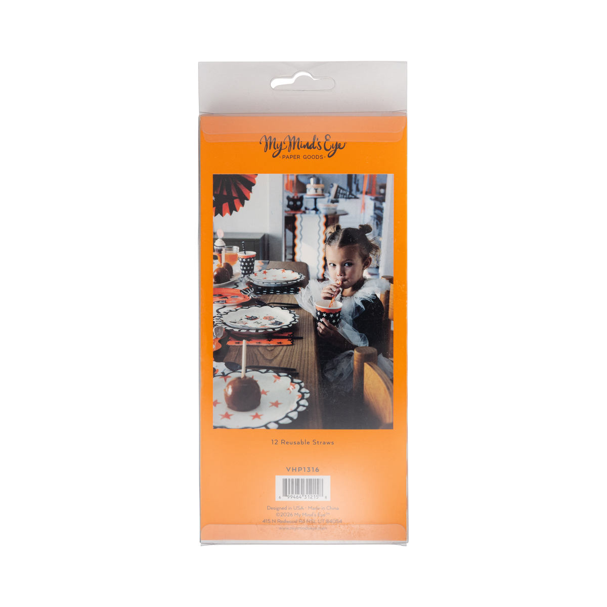Packaging of 'My Mind's Eye' halloween straw with a Halloween-themed scene on an orange background.
