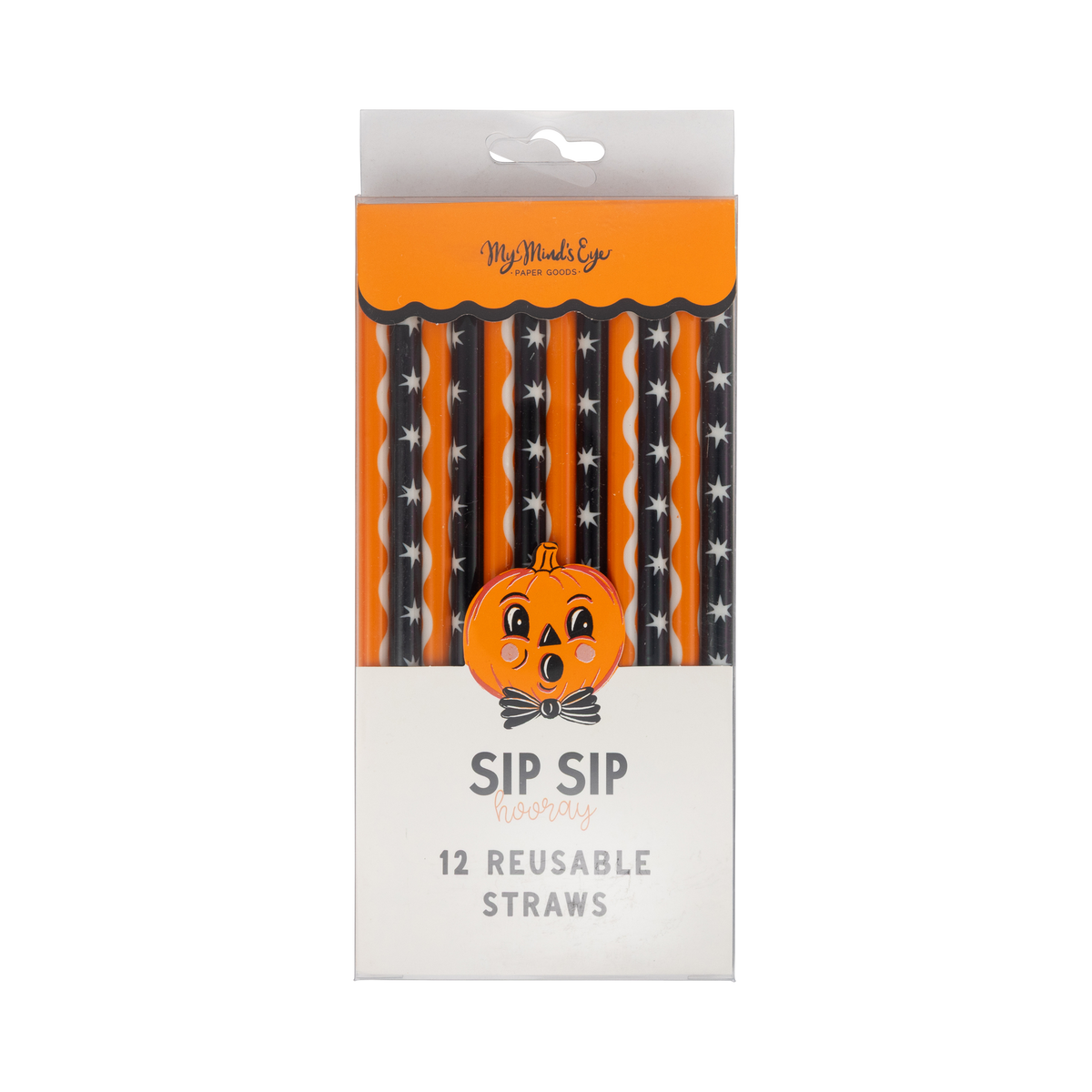 Pack of Halloween-themed reusable straws with a pumpkin design on a clear packaging.