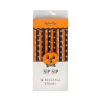 Pack of Halloween-themed reusable straws with a pumpkin design on a clear packaging.