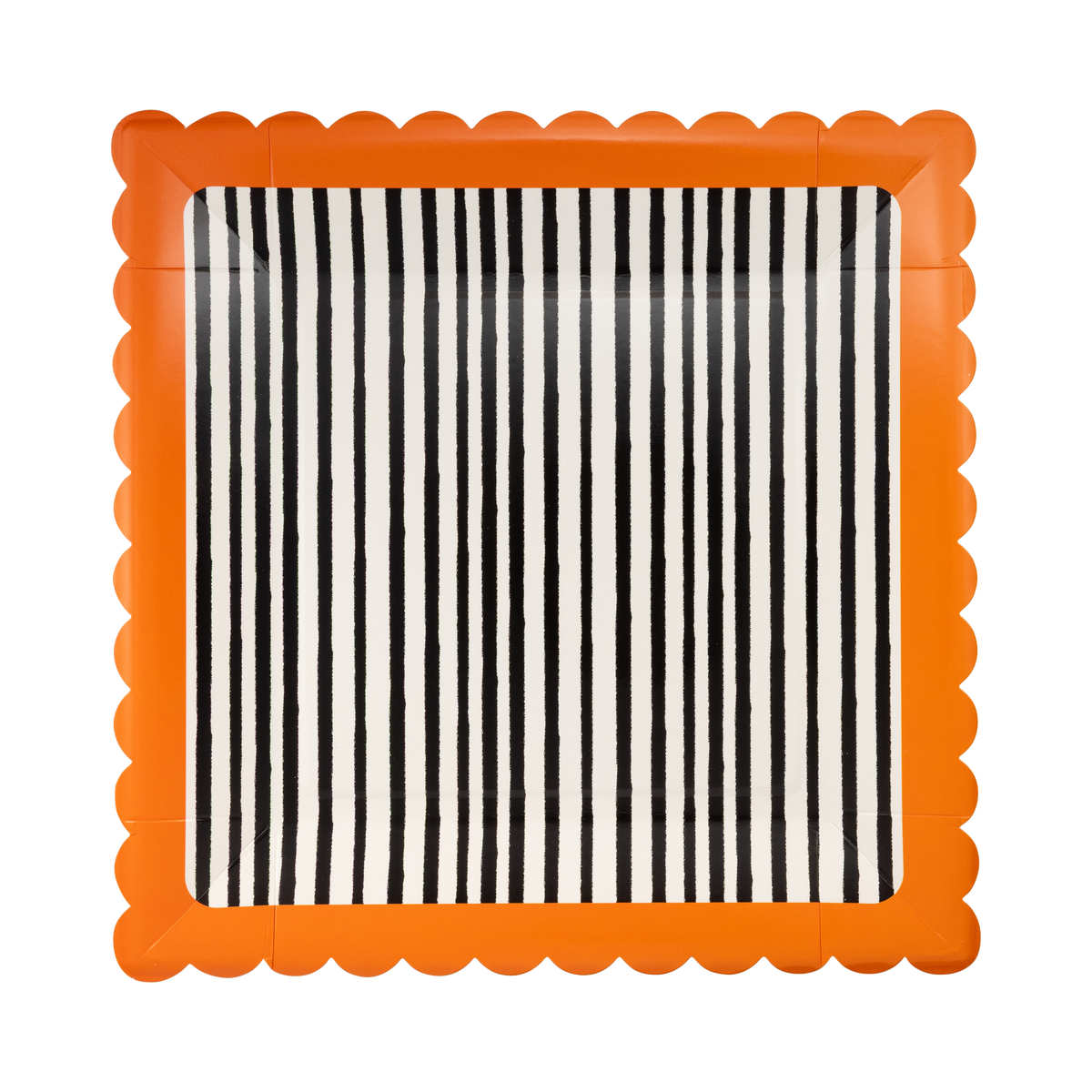 Halloween square paper plate with black-and-cream vertical stripes and an orange scalloped edge, overhead flat-lay view on gray background.