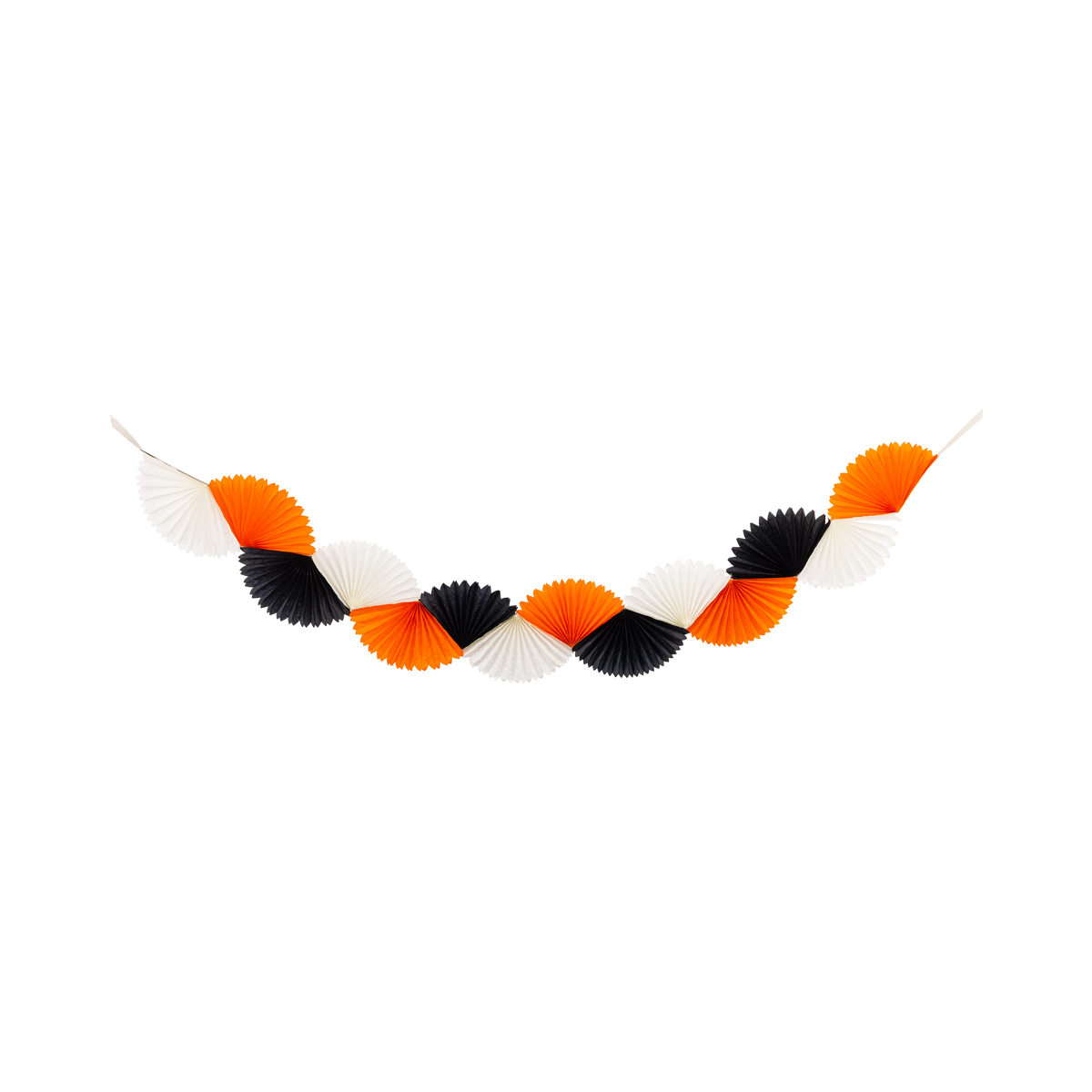 Orange, black, and cream tissue fan bunting garland, full 7-ft length hung.