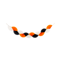 Orange, black, and cream tissue fan bunting garland, full 7-ft length hung.