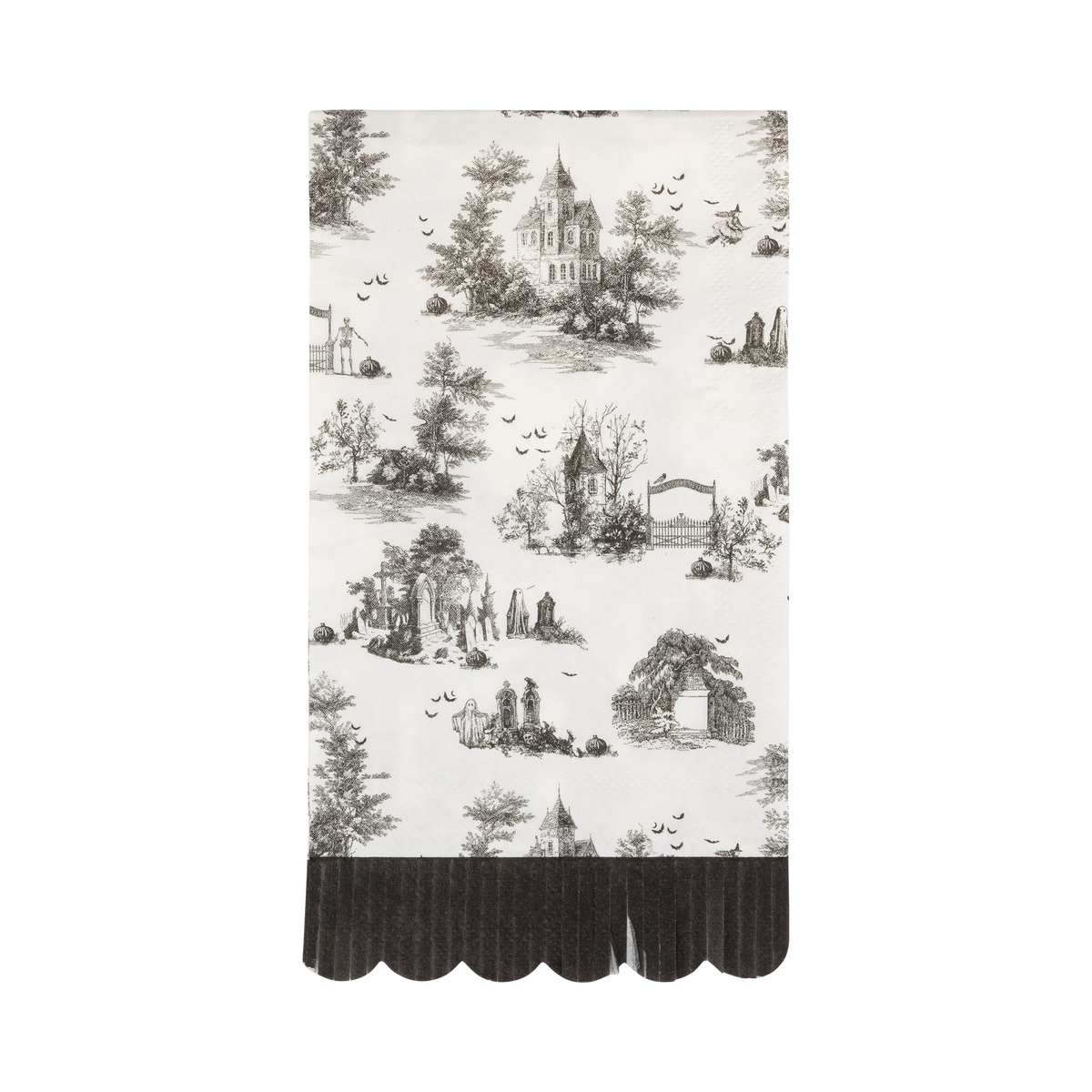 Cream toile dinner napkin with black illustrations and a black scalloped edge, front view.