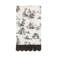 Cream toile dinner napkin with black illustrations and a black scalloped edge, front view.