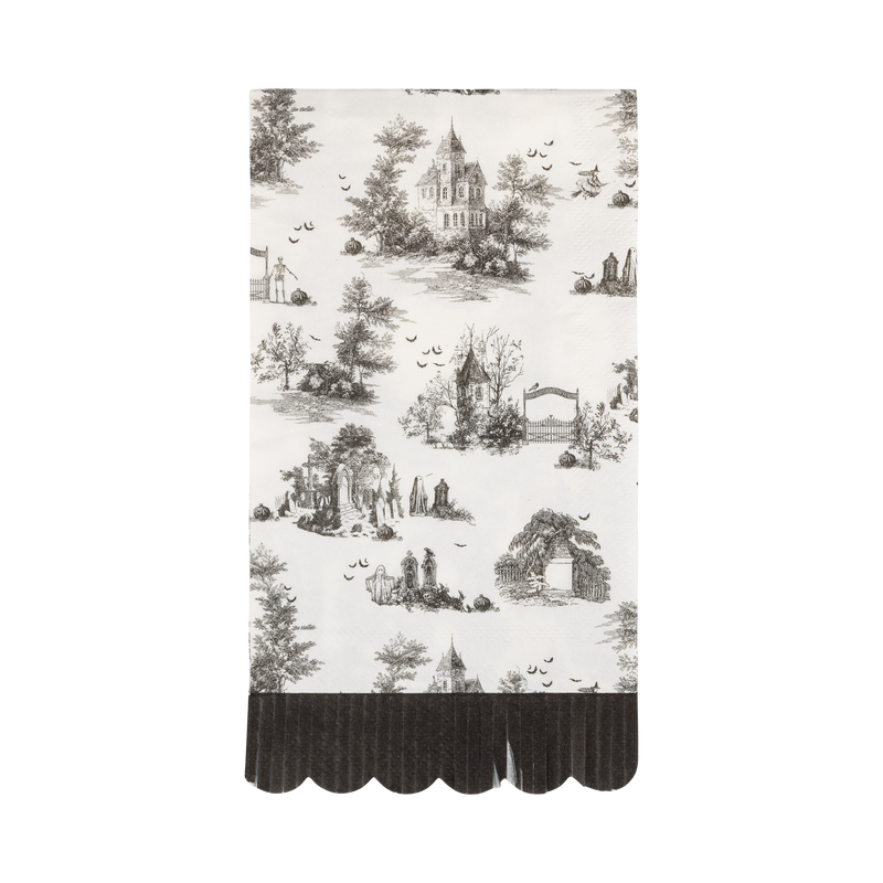 Cream toile dinner napkin with black illustrations and a black scalloped edge, front view.