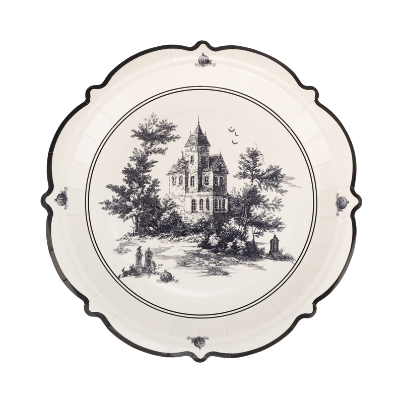 Decorative plate with black and white illustration of a haunted house and trees on a white background.