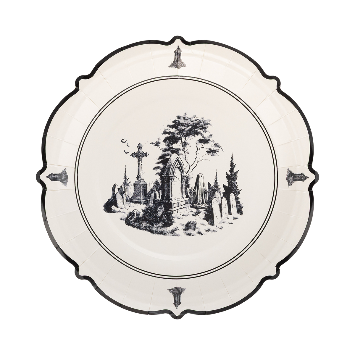 Decorative plate with a black and white illustration of a graveyard on a white background.