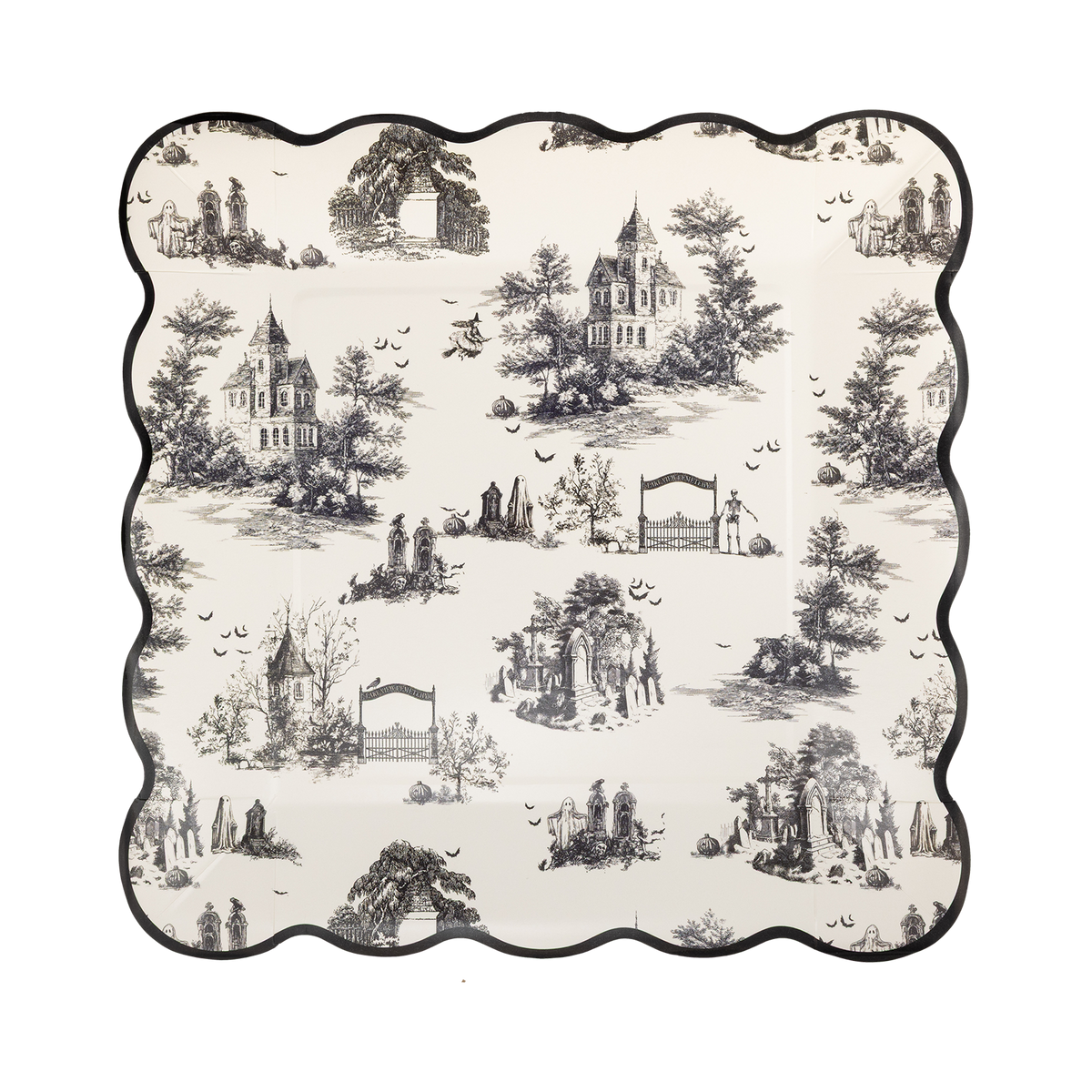 Decorative plate with black and white Halloween toile print design and a wavy edge, front view.