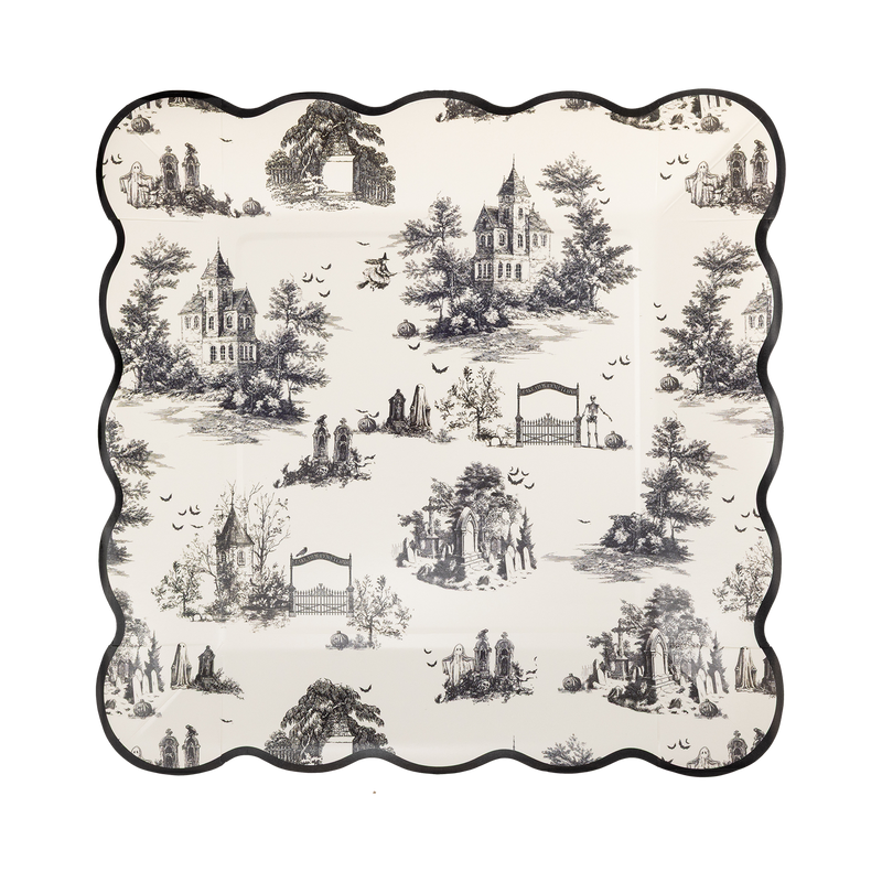 Decorative plate with black and white Halloween toile print design and a wavy edge, front view.