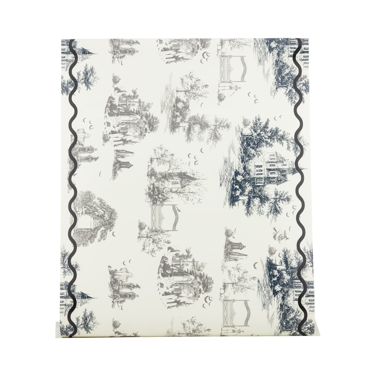 Cream paper table runner with black Halloween toile illustrations, shown flat to display the full pattern.