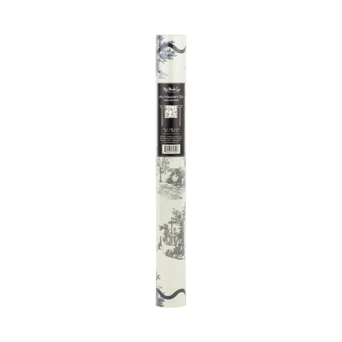 Packaged roll of wallpaper with black and white design on a white background. 