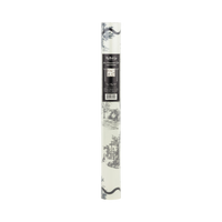 Packaged roll of wallpaper with black and white design on a white background. 