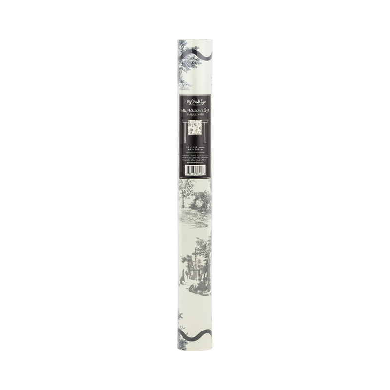 Packaged roll of wallpaper with black and white design on a white background. 