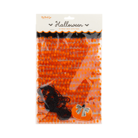 Packaged set of orange polka dot cello treat bags with pumpkin gift tags and black baker's twine.