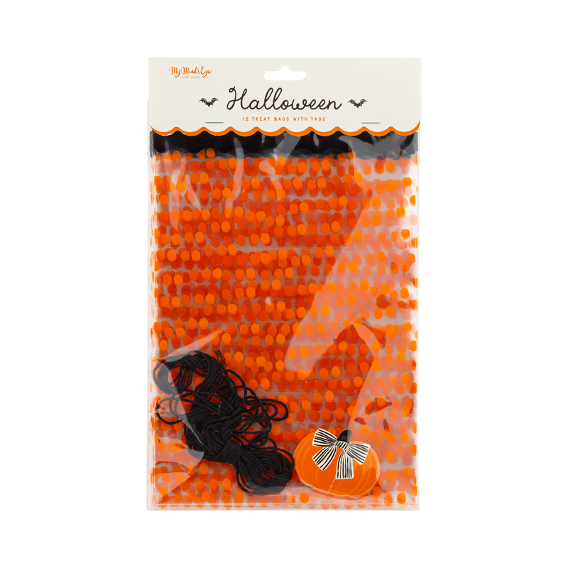 Packaged set of orange polka dot cello treat bags with pumpkin gift tags and black baker's twine.