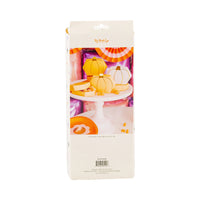 Back of Groovy Pumpkin Halloween treat boxes package showing styled photo of orange and white pumpkin favor boxes stacked on a cake stand at a colorful party.