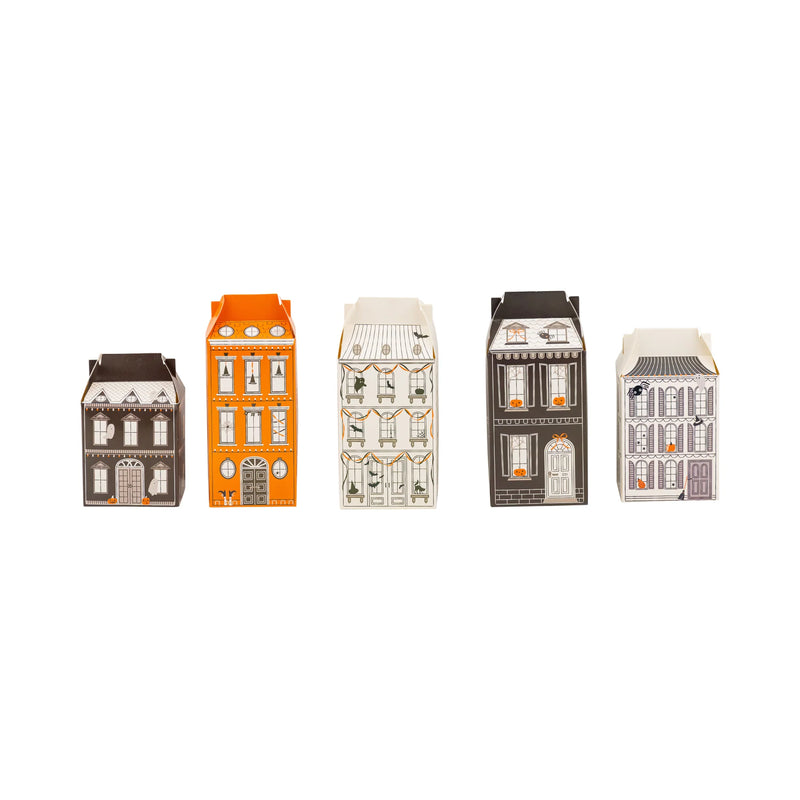Studio image of the five unique haunted house treat box designs (set of 13 total) shown side-by-side on white for size and style comparison.
