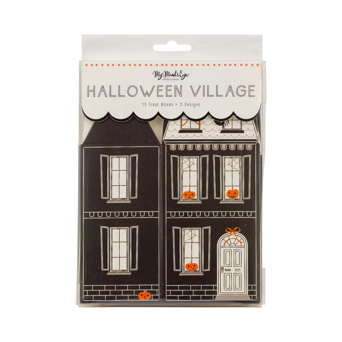 Front packaging of the 13-count Halloween village treat boxes set showing two illustrated house panels; labeled “Halloween Village” with five designs noted.