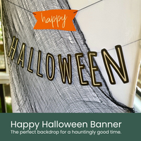 Moment & Co's Vintage Halloween Subscription Box - Happy Halloween Banner on top of black netting and white backdrop.