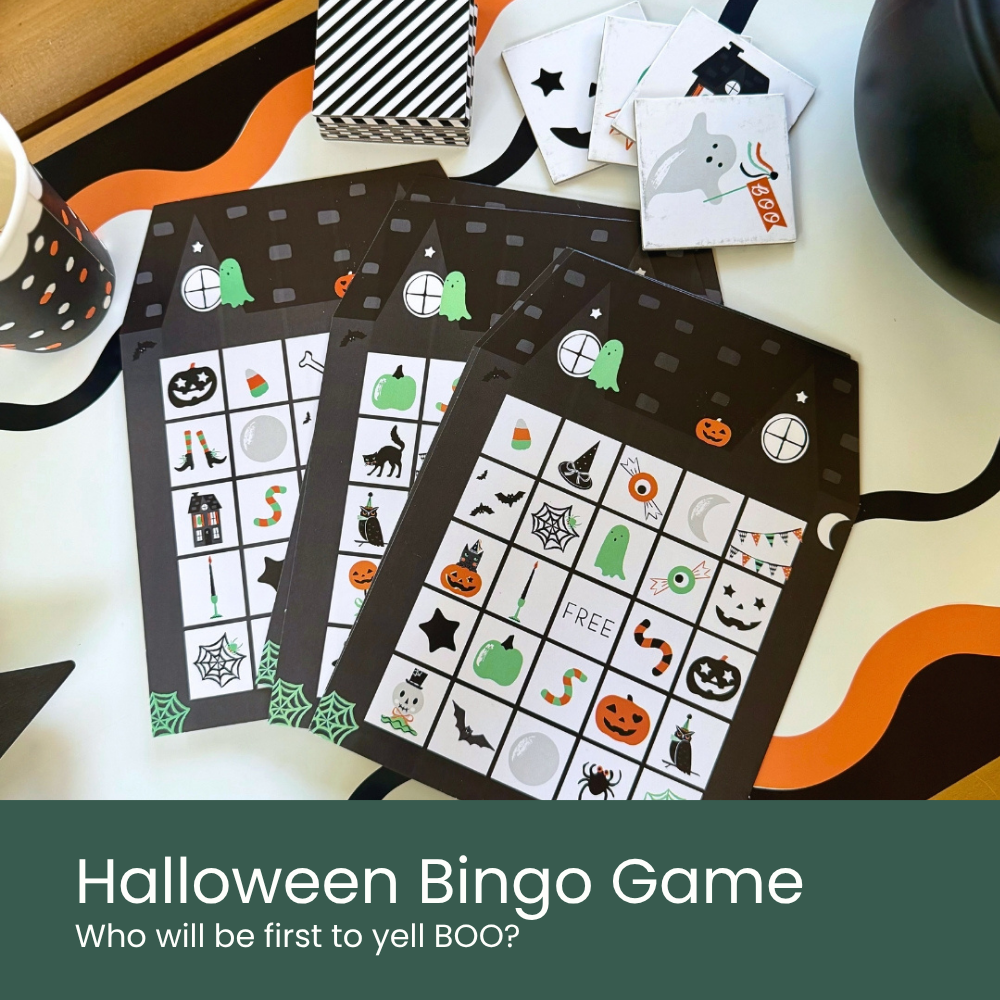 Moment & Co's Vintage Halloween Subscription Box - Halloween Bingo Game cards on a Halloween table.