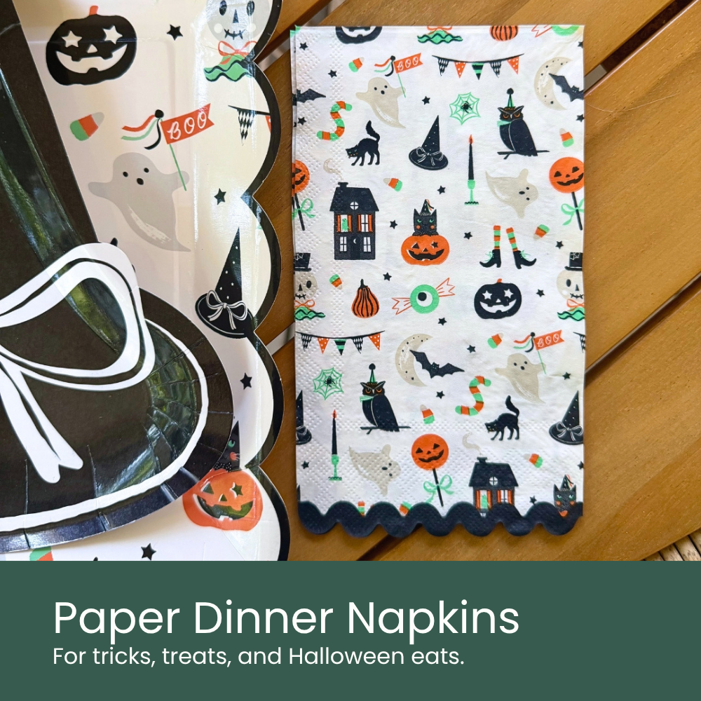 Moment & Co's Vintage Halloween Subscription Box - Paper Dinner Napkins featuring classic Halloween icons.