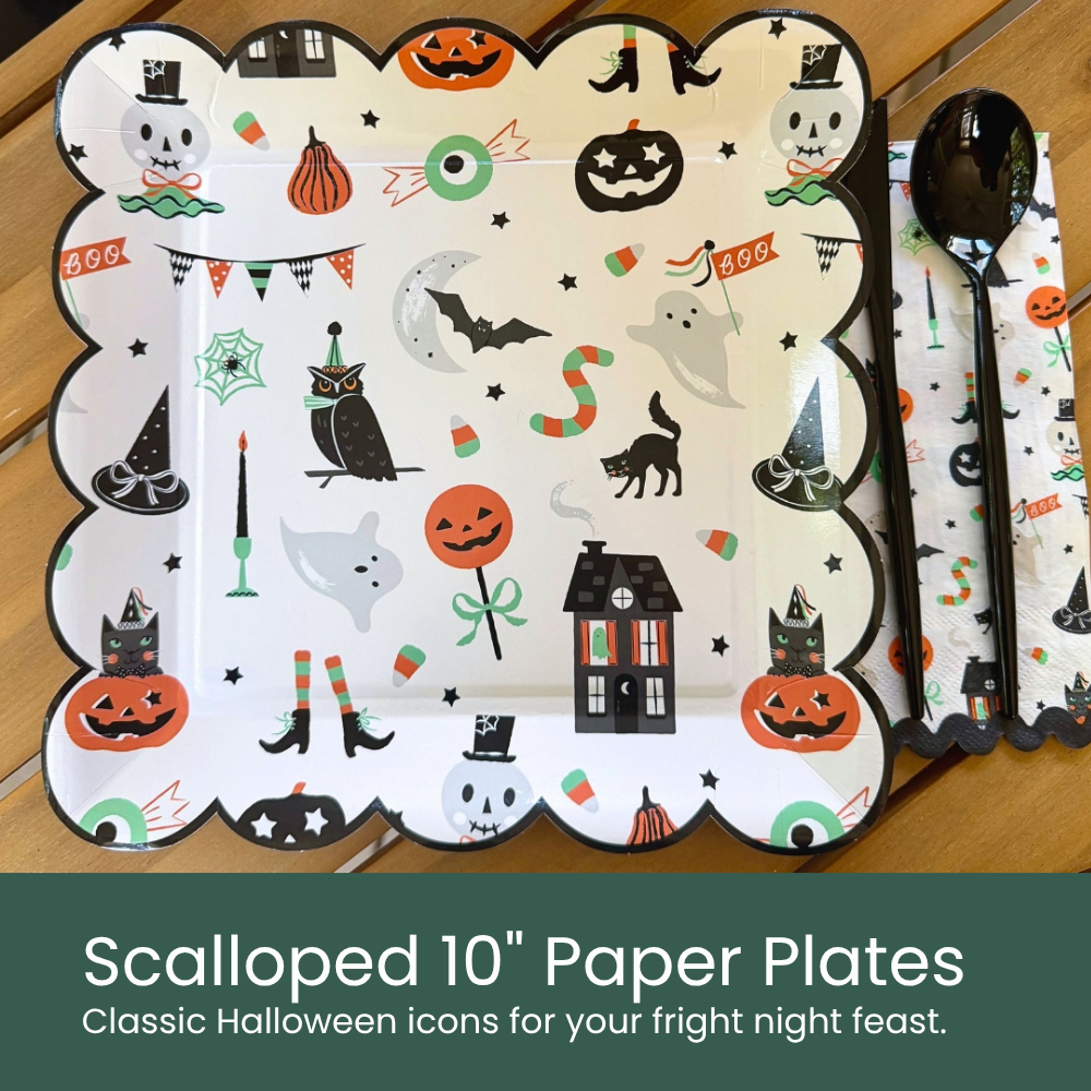Moment & Co's Vintage Halloween Subscription Box - 10" Square Scalloped Halloween Paper Plates featuring classic Halloween icons.