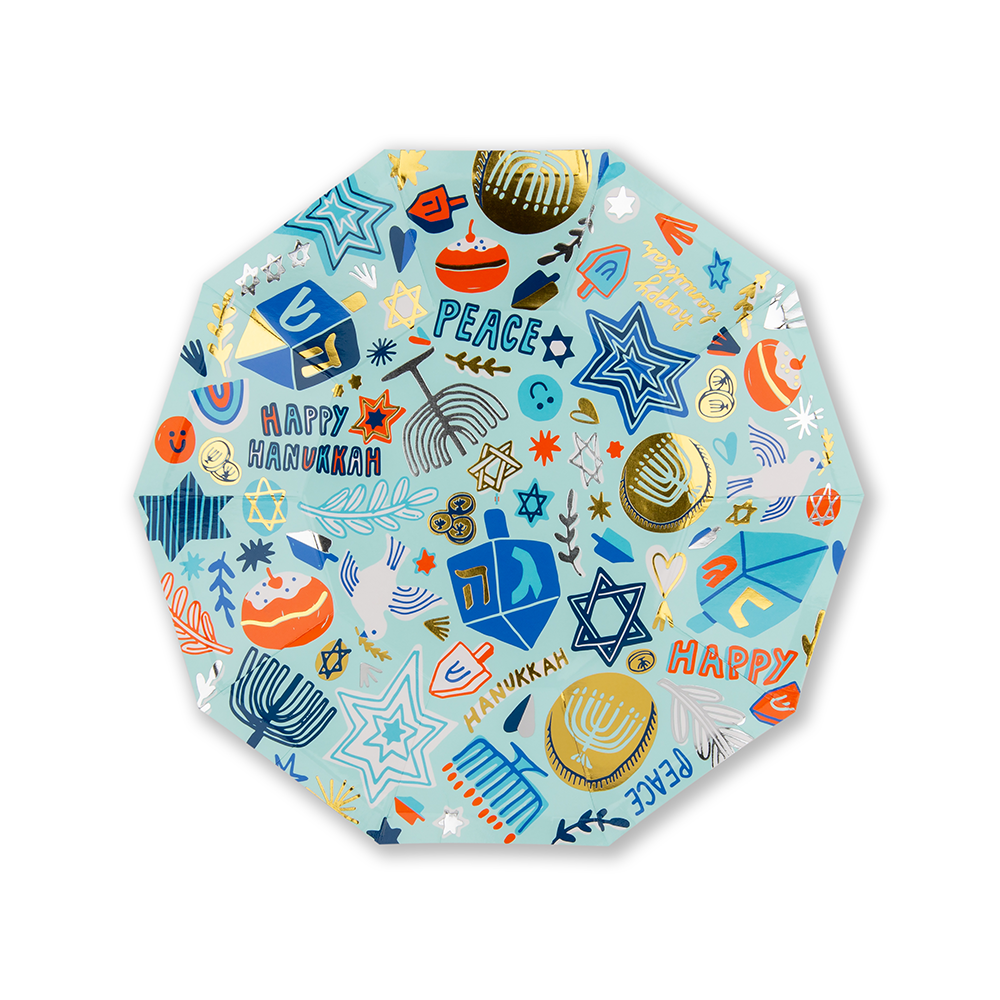 Blue festival of lights Hanukkah paper dessert plate with gold and silver foil and a scalloped edge