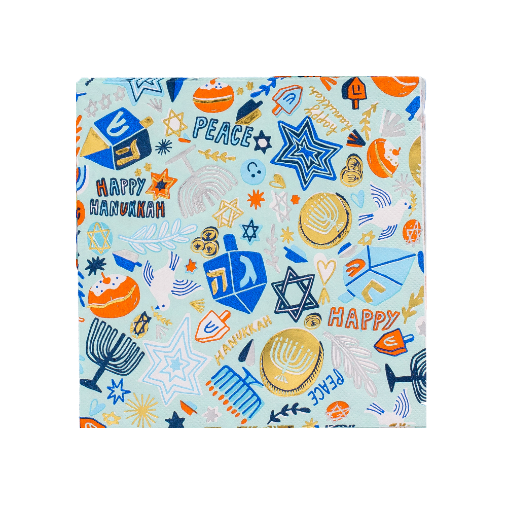 Blue festival of lights Hanukkah paper luncheon napkin with gold foil